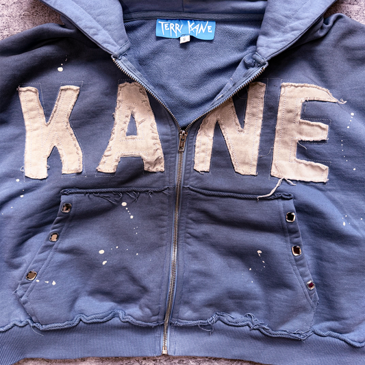 (Blue) “KANE” cropped dirty washed rhinestone zip up hoodie