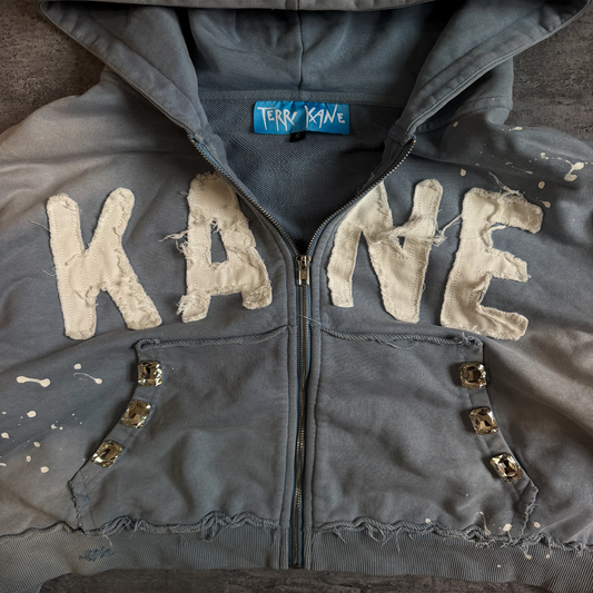 (Blue) “KANE” cropped extreme rhinestone zip up hoodie