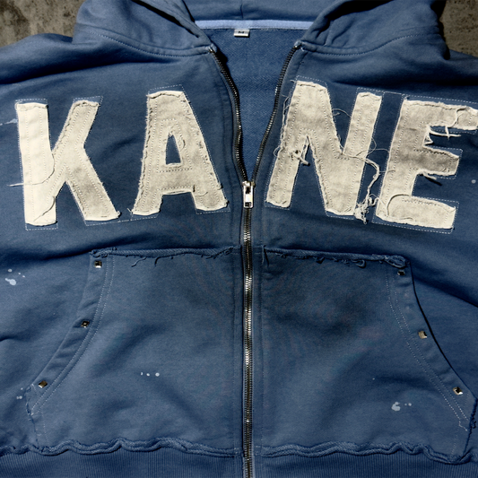 (Blue) “KANE” cropped dirty washed rhinestone zip up hoodie