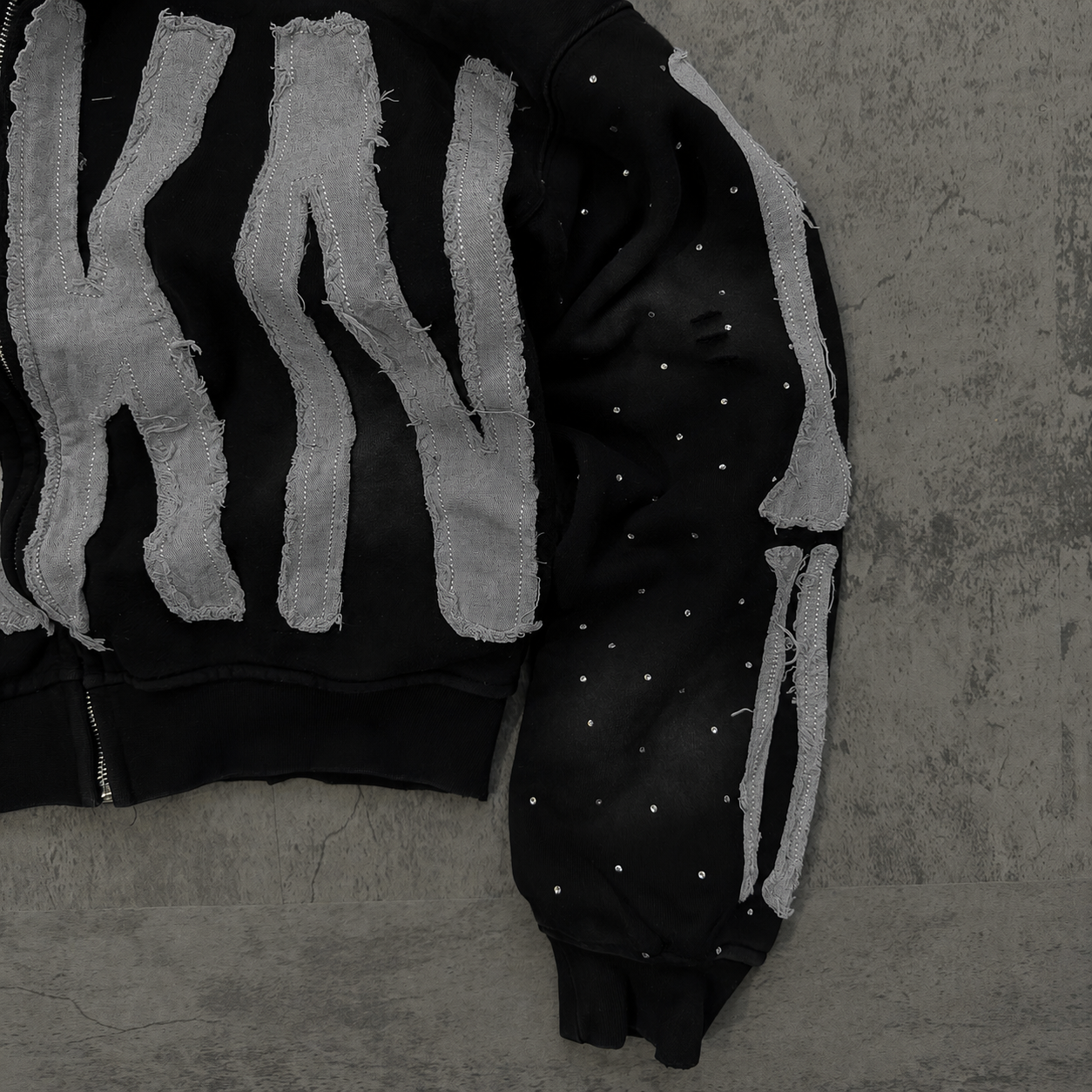 “TRKN” cropped distressed rhinestone zip up hoodie **SIZE UP ONE**
