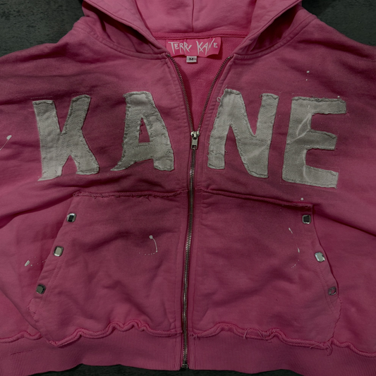 (Pink) “KANE” cropped dirty washed rhinestone zip up hoodie