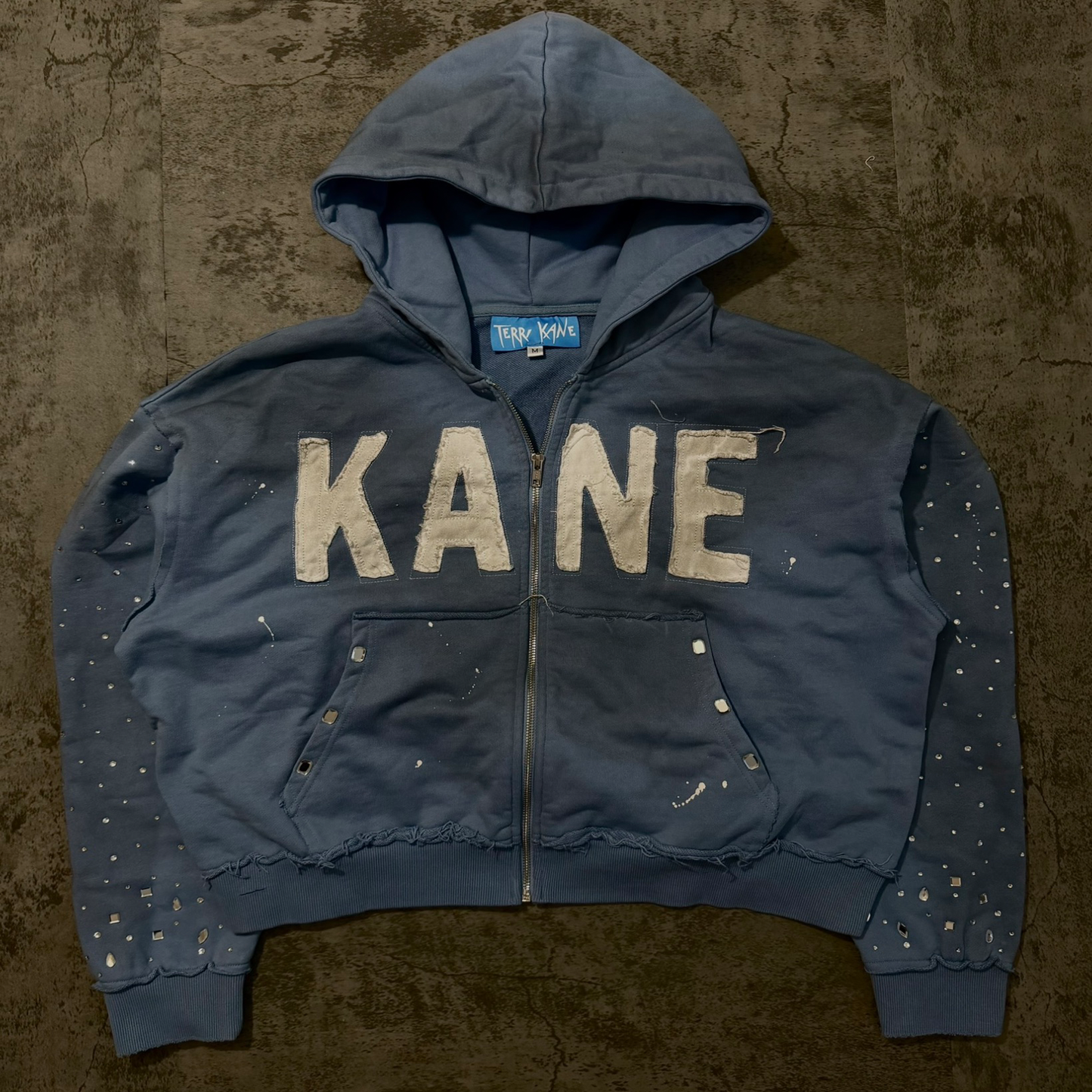 (Blue) “KANE” cropped dirty washed rhinestone zip up hoodie