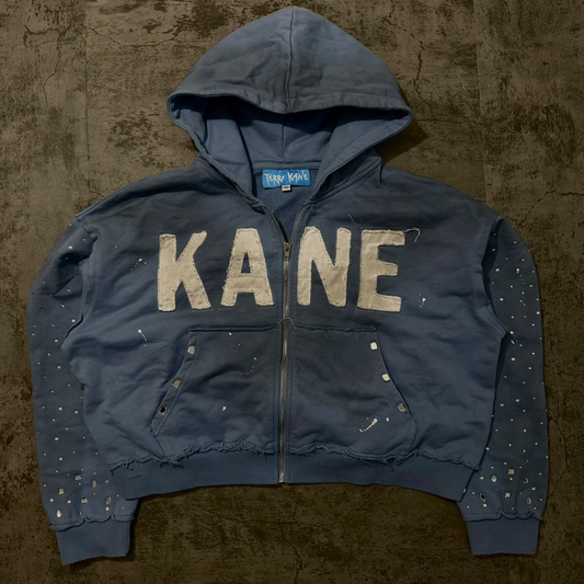 (Blue) “KANE” cropped dirty washed rhinestone zip up hoodie