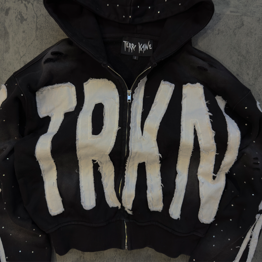 “TRKN” cropped distressed rhinestone zip up hoodie **SIZE UP ONE**