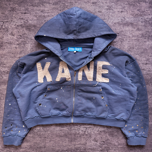 (Blue) “KANE” cropped dirty washed rhinestone zip up hoodie
