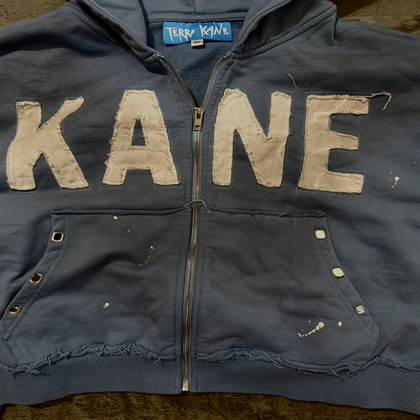 (Blue) “KANE” cropped dirty washed rhinestone zip up hoodie