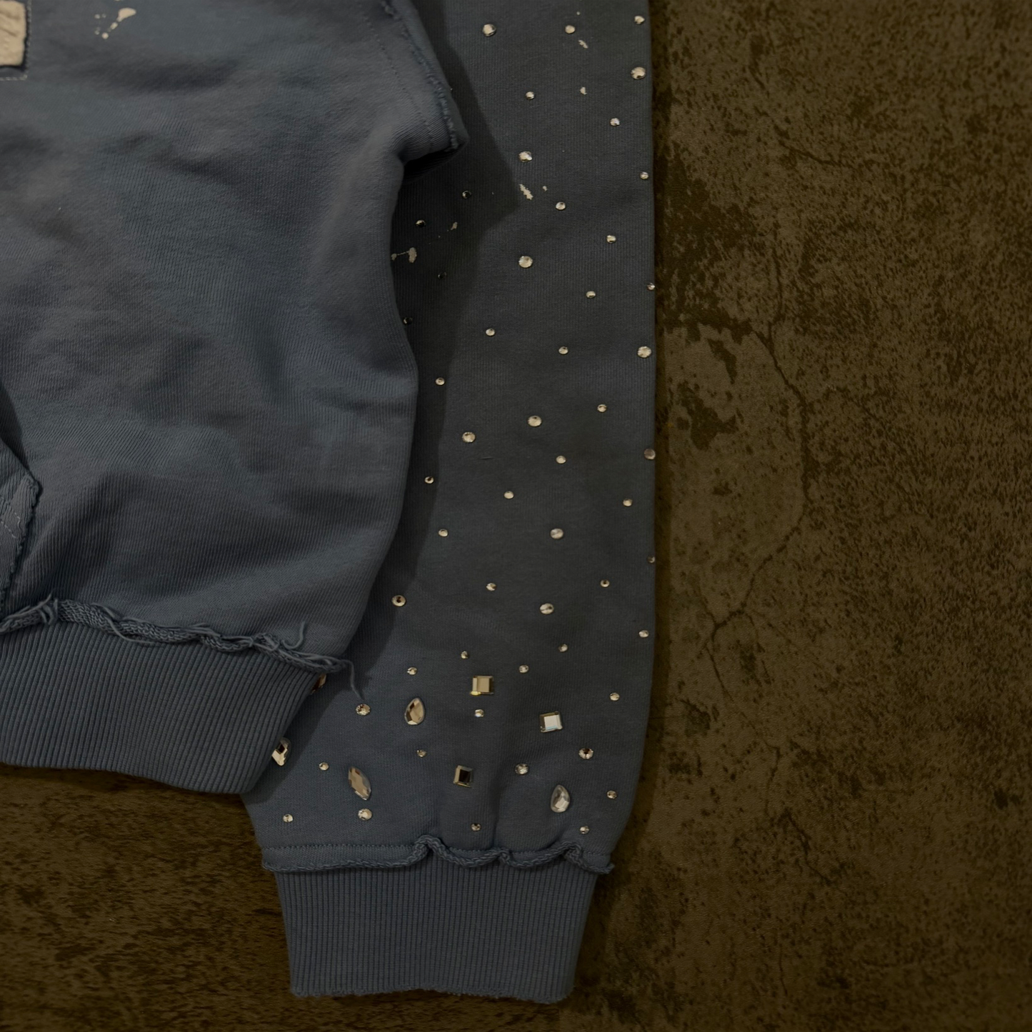 (Blue) “KANE” cropped dirty washed rhinestone zip up hoodie