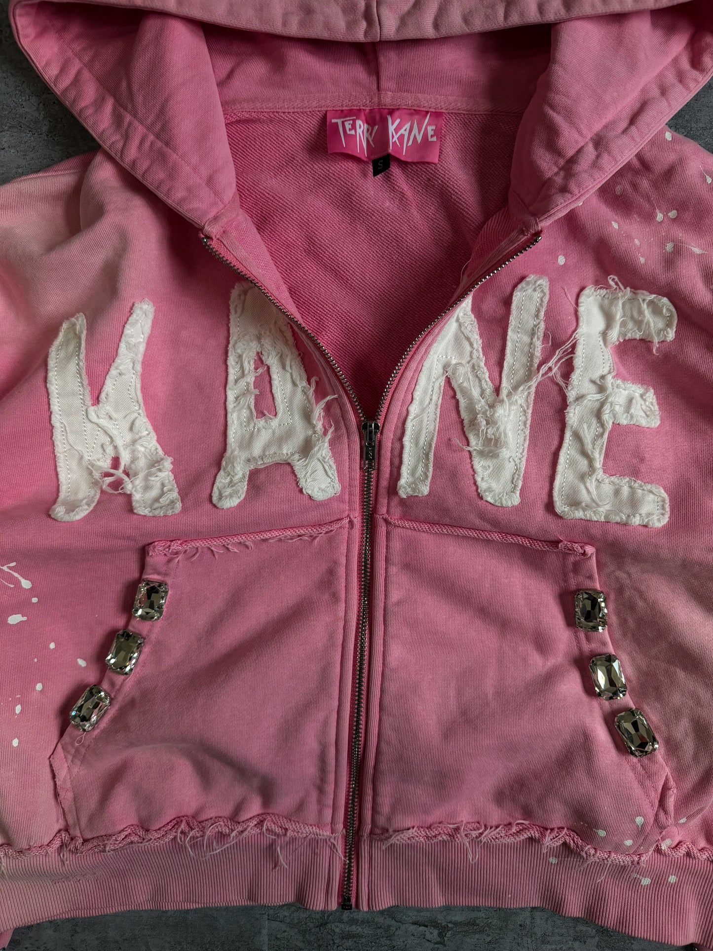 (Pink) “KANE” cropped extreme rhinestone zip up hoodie