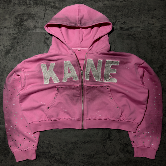 (Pink) “KANE” cropped dirty washed rhinestone zip up hoodie