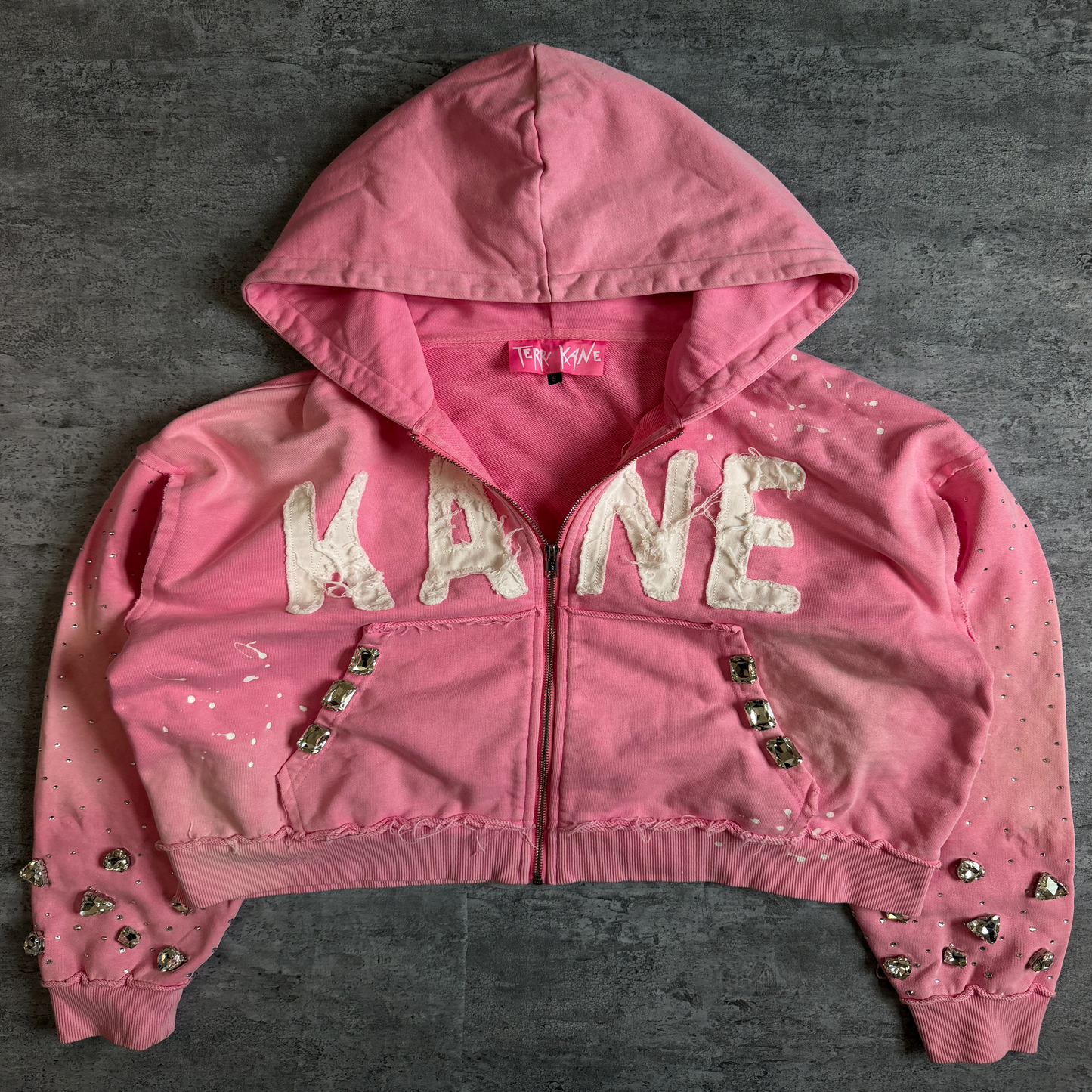 (Pink) “KANE” cropped extreme rhinestone zip up hoodie