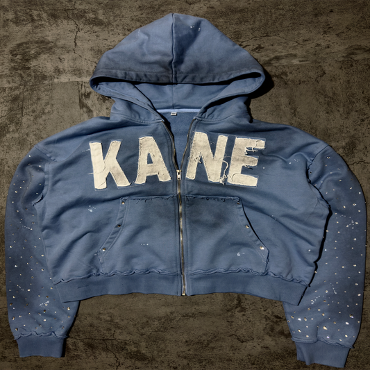 (Blue) “KANE” cropped dirty washed rhinestone zip up hoodie