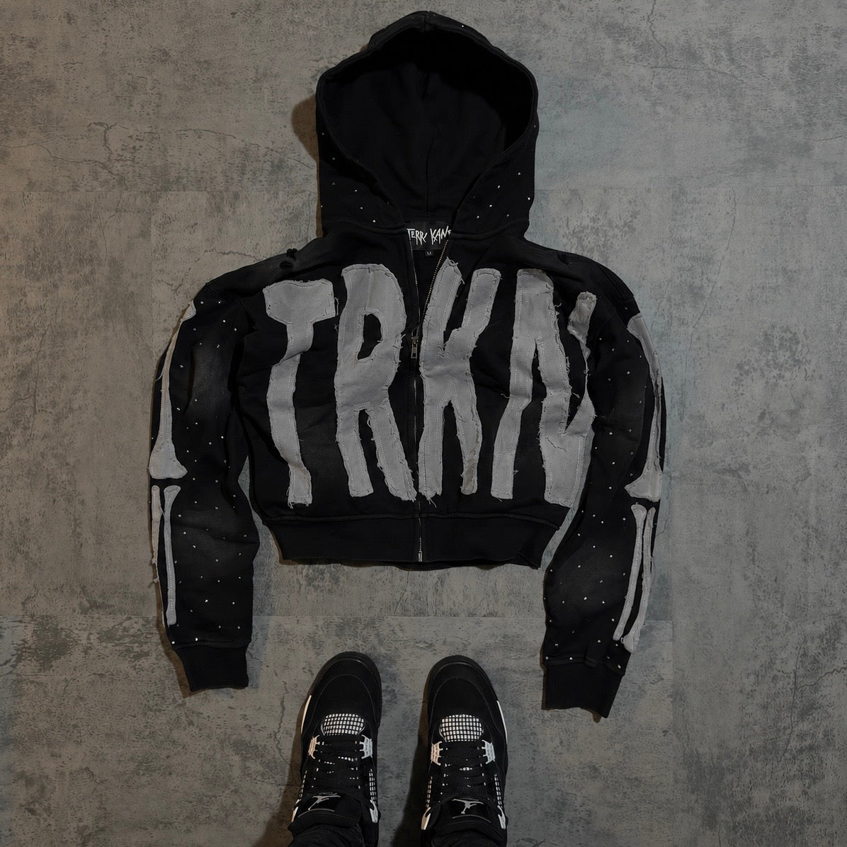 “TRKN” cropped distressed rhinestone zip up hoodie **SIZE UP ONE**