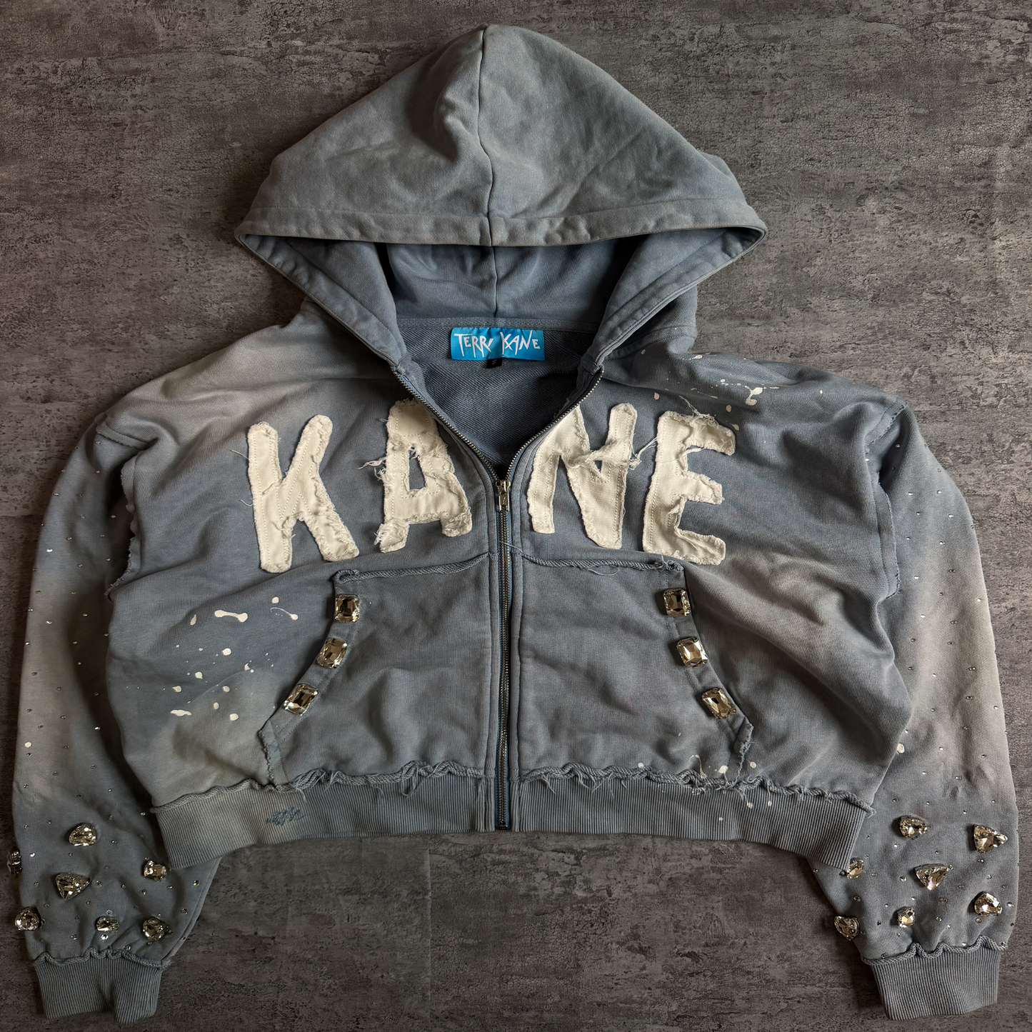 (Blue) “KANE” cropped extreme rhinestone zip up hoodie