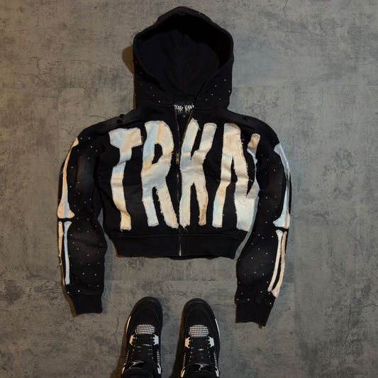 “TRKN” cropped distressed rhinestone zip up hoodie **SIZE UP ONE**