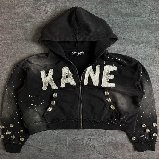 (Black) “KANE” cropped extreme rhinestone zip up hoodie (NEW)