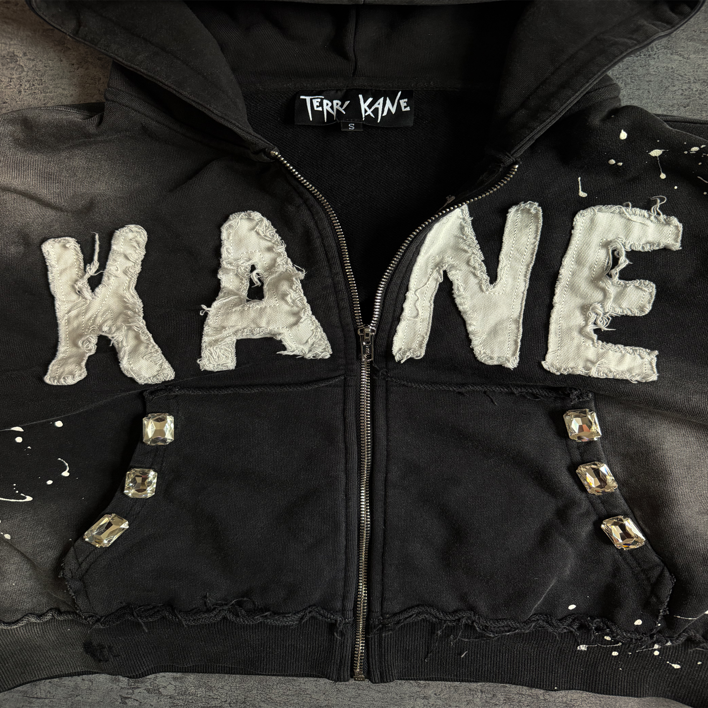(Black) “KANE” cropped extreme rhinestone zip up hoodie (NEW)