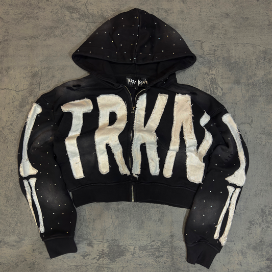 “TRKN” cropped distressed rhinestone zip up hoodie