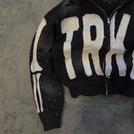 “TRKN” cropped distressed rhinestone zip up hoodie