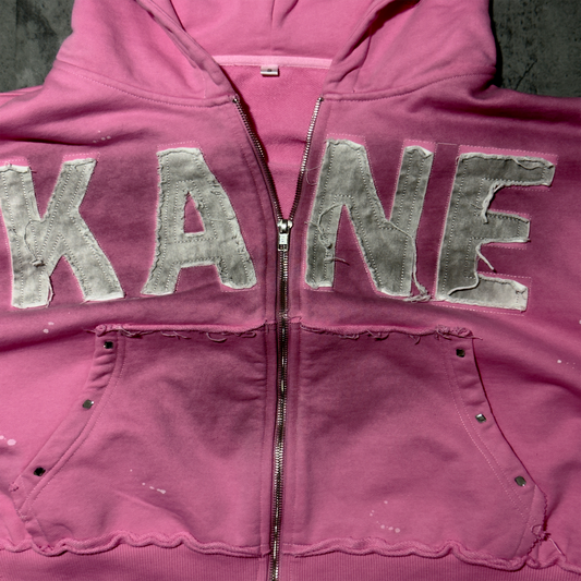 (Pink) “KANE” cropped dirty washed rhinestone zip up hoodie