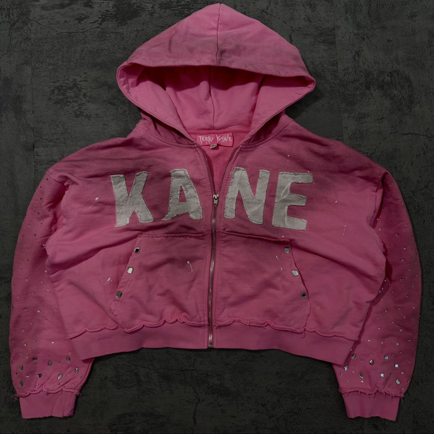 (Pink) “KANE” cropped dirty washed rhinestone zip up hoodie