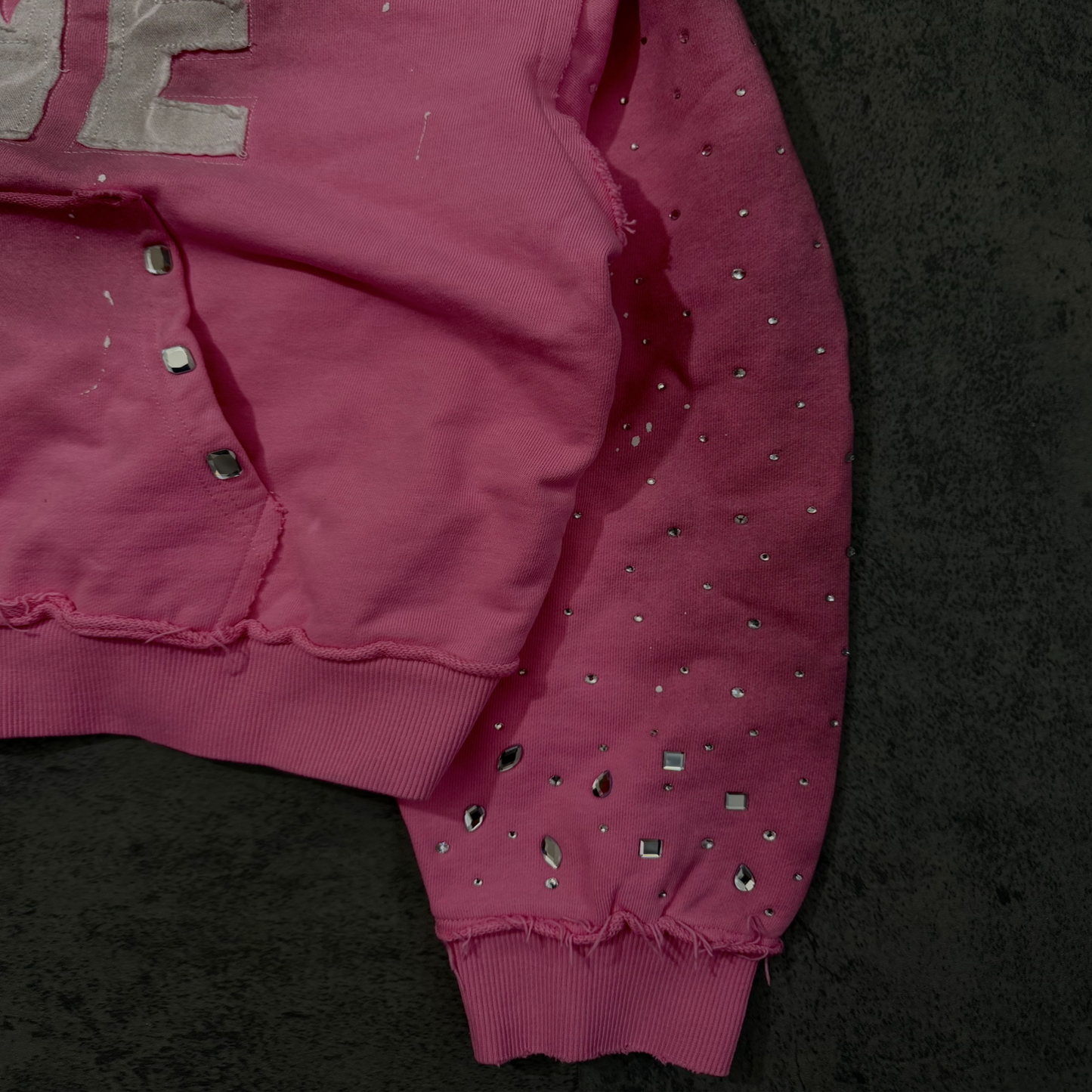 (Pink) “KANE” cropped dirty washed rhinestone zip up hoodie