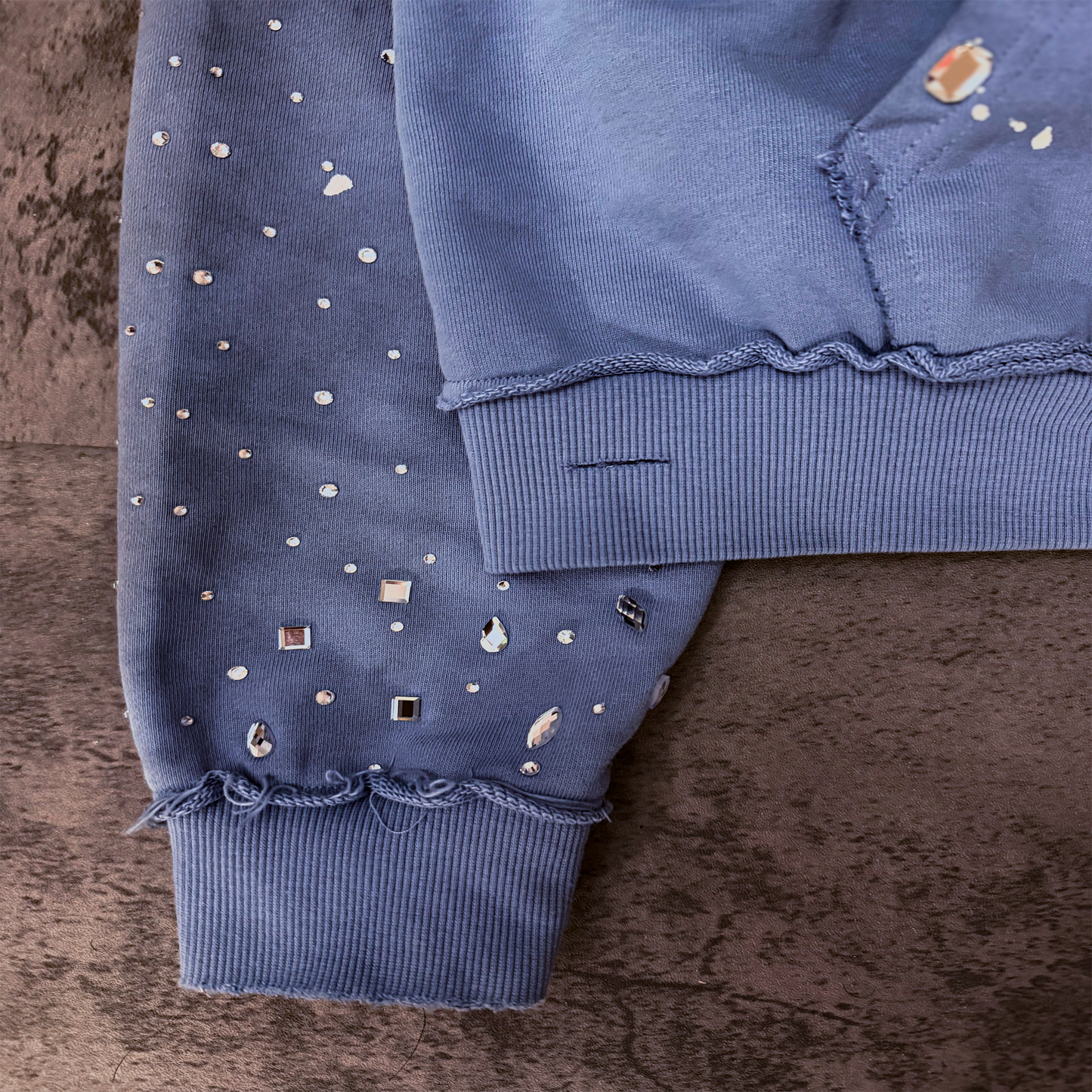 (Blue) “KANE” cropped dirty washed rhinestone zip up hoodie
