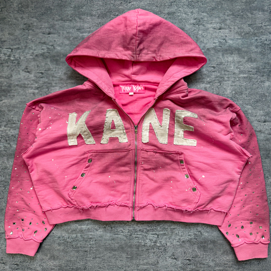 (Pink) “KANE” cropped dirty washed rhinestone zip up hoodie
