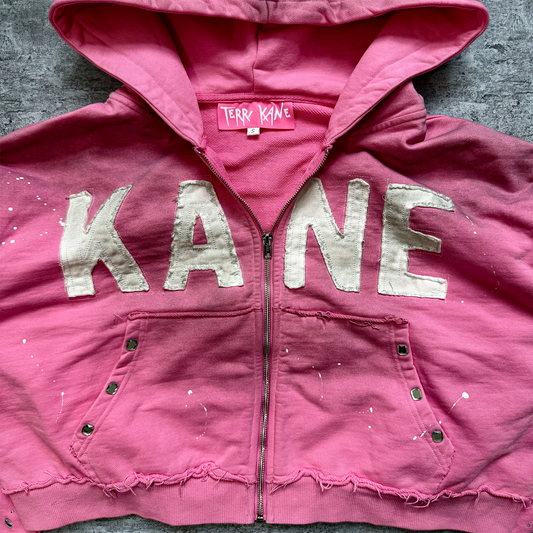 (Pink) “KANE” cropped dirty washed rhinestone zip up hoodie
