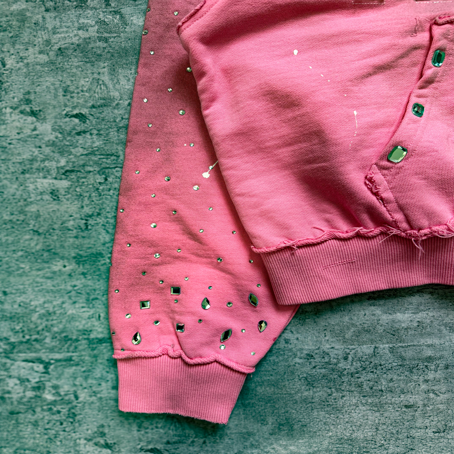 (Pink) “KANE” cropped dirty washed rhinestone zip up hoodie